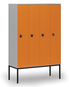Dřevěná šatní skříňka s podnoží, 4 oddíly, RFID zámek, šedá/oranžová