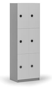 Dřevěná šatní skříňka s úložnými boxy, 6 boxů, kódový zámek, šedá/bílá