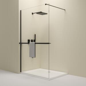 Erga Paris, sprchová zástěna Walk-In 100x200 cm s poličkou a ramínkem na ručníky, 8mm čiré sklo, černý profil, ERG-V02-PARIS-100x200-CL-BK-BAR