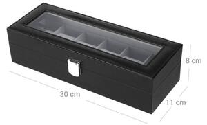 Box na hodinky, 6 přihrádek, černá eko kůže