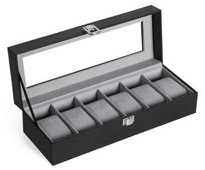 Box na hodinky, 6 přihrádek, černá eko kůže