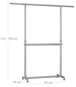 Dvojitý šatní stojan na kolečkách, výška 113–198 cm