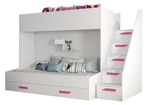 Dětská kombinovaná postel 90 cm Puro 16 (matná bílá + bílý lesk + růžové úchytky). 1087109