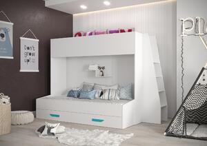 Dětská kombinovaná postel 90 cm Puro 17 (matná bílá + bílý lesk + tyrkysové úchytky). 1087117