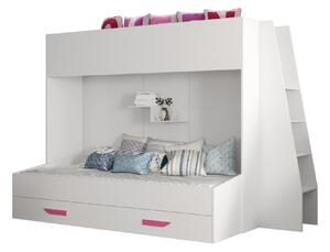 Dětská kombinovaná postel 90 cm Puro 17 (matná bílá + bílý lesk + růžové úchytky). 1087118