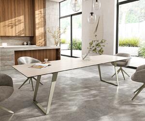 DELIFE Jídelní stůl Edge 300x100 cm keramika Laminam® Travertino Bianco krémově bílá kov šikmý titanová barva