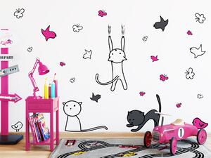 FUGU Samolepka na zeď - Kreslené kočky Barva: černá 070, Druhá barva: tmavě růžová 041