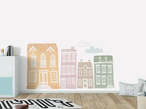 FUGU Ekologické samolepky na zeď - Domečky přemístitelné Rozměr: L: domky od 31x55 do 69x88 + mráčky, celý motiv cca 168x93 (cm)