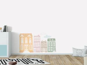 FUGU Ekologické samolepky na zeď - Domečky přemístitelné Rozměr: L: domky od 31x55 do 69x88 + mráčky, celý motiv cca 168x93 (cm)