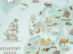FUGU Dětská Mapa světa Dobrodružné objevy - plakát modrá Rozměr: MALÁ: (š x v) 134 x 85 cm - Mapa světa objevy