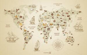 FUGU Dětská Mapa světa Dobrodružné objevy - plakát béžová tmavá Rozměr: MALÁ: (š x v) 134 x 85 cm - Mapa světa objevy