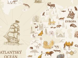 FUGU Mapa světa Dobrodružné objevy - tapeta na zeď Materiál: Digitální eko vlies - klasická tapeta nesamolepicí