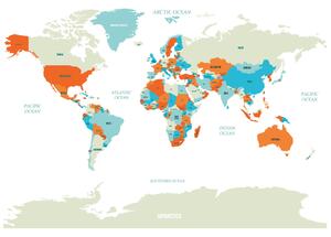 FUGU Mapa světa na zeď oranžová - Samolepka na zeď - anglicky
