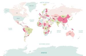 FUGU Mapa světa na zeď růžová - Samolepka na zeď - anglicky