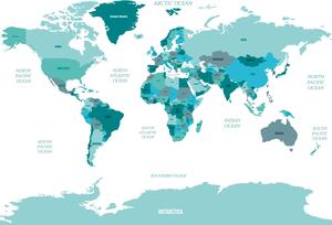 FUGU Mapa světa na zeď modrá - Samolepka na zeď anglicky