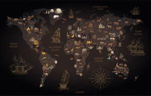FUGU Dětská Mapa světa Dobrodružné objevy - plakát tmavá Rozměr: MALÁ: (š x v) 134 x 85 cm - Mapa světa objevy