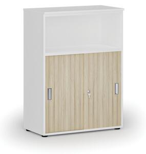 Kombinovaná kancelářská skříň se zásuvnými dveřmi PRIMO WHITE, 1087 x 800 x 420 mm, bílá/dub přírodní