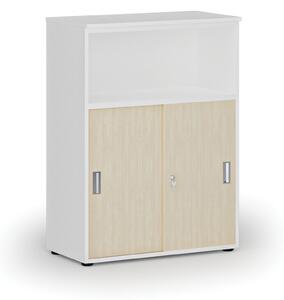 Kombinovaná kancelářská skříň se zásuvnými dveřmi PRIMO WHITE, 1087 x 800 x 420 mm, bílá/bříza