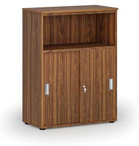 Kombinovaná kancelářská skříň se zásuvnými dveřmi PRIMO WOOD, 1087 x 800 x 420 mm, ořech