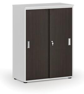 Kancelářská skříň se zasouvacími dveřmi PRIMO WHITE, 1087 x 800 x 420 mm, bílá/wenge