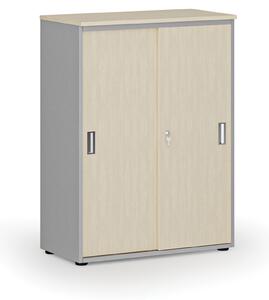 Kancelářská skříň se zasouvacími dveřmi PRIMO GRAY, 1087 x 800 x 420 mm, šedá/ořech