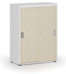 Kancelářská skříň se zasouvacími dveřmi PRIMO WHITE, 1087 x 800 x 420 mm, bílá/třešeň