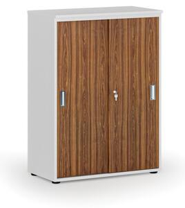 Kancelářská skříň se zasouvacími dveřmi PRIMO WHITE, 1087 x 800 x 420 mm, bílá/ořech