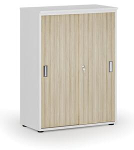Kancelářská skříň se zasouvacími dveřmi PRIMO WHITE, 1087 x 800 x 420 mm, bílá/dub přírodní