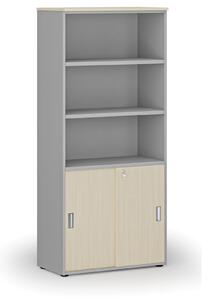 Kombinovaná kancelářská skříň PRIMO GRAY, zasouvací dveře na 2 patra, 1781 x 800 x 420 mm, šedá/třešeň