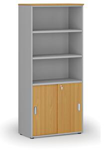 Kombinovaná kancelářská skříň PRIMO GRAY, zasouvací dveře na 2 patra, 1781 x 800 x 420 mm, šedá/buk