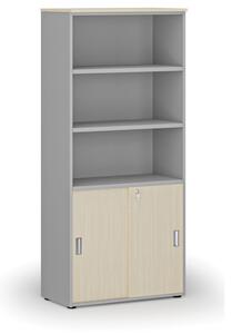 Kombinovaná kancelářská skříň PRIMO GRAY, zasouvací dveře na 2 patra, 1781 x 800 x 420 mm, šedá/bříza