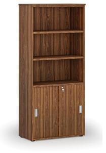 Kombinovaná kancelářská skříň PRIMO WOOD, zasouvací dveře na 2 patra, 1781 x 800 x 420 mm, ořech
