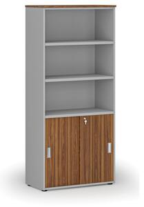 Kombinovaná kancelářská skříň PRIMO GRAY, zasouvací dveře na 2 patra, 1781 x 800 x 420 mm, šedá/ořech