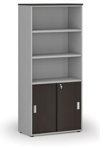 Kombinovaná kancelářská skříň PRIMO GRAY, zasouvací dveře na 2 patra, 1781 x 800 x 420 mm, šedá/wenge
