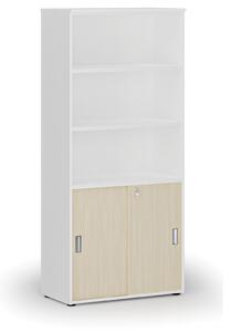 Kombinovaná kancelářská skříň PRIMO WHITE, zasouvací dveře na 2 patra, 1781 x 800 x 420 mm, bílá/wenge