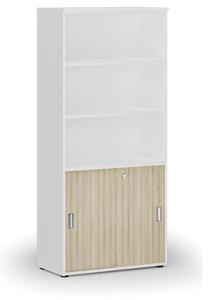 Kombinovaná kancelářská skříň PRIMO WHITE, zasouvací dveře na 2 patra, 1781 x 800 x 420 mm, bílá/dub přírodní