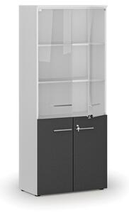 Kombinovaná kancelářská skříň PRIMO WHITE s dřevěnými a skleněnými dveřmi, 1781 x 800 x 420 mm, bílá/grafit