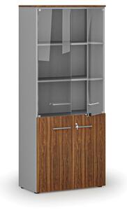 Kombinovaná kancelářská skříň PRIMO GRAY s dřevěnými a skleněnými dveřmi, 1781 x 800 x 420 mm, šedá/ořech