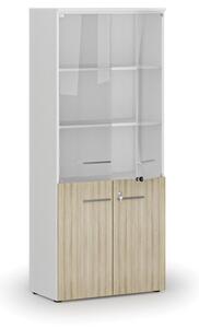 Kombinovaná kancelářská skříň PRIMO WHITE s dřevěnými a skleněnými dveřmi, 1781 x 800 x 420 mm, bílá/dub přírodní