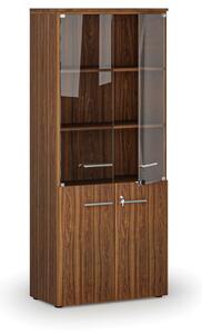 Kombinovaná kancelářská skříň PRIMO WOOD s dřevěnými a skleněnými dveřmi, 1781 x 800 x 420 mm, ořech
