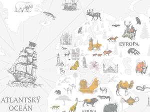 FUGU Dětská Mapa světa Dobrodružné objevy grey - tapeta na zeď Materiál: Digitální eko vlies - klasická tapeta nesamolepicí