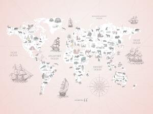 FUGU Dětská Mapa světa Dobrodružné objevy pink - tapeta na zeď Materiál: Digitální eko vlies - klasická tapeta nesamolepicí