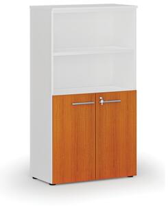 Kombinovaná kancelářská skříň PRIMO WHITE, dveře na 2 patra, 1434 x 800 x 420 mm, bílá/třešeň