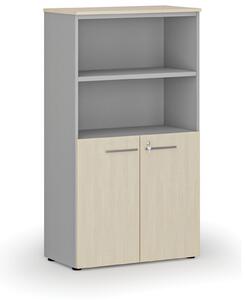 Kombinovaná kancelářská skříň PRIMO GRAY, dveře na 2 patra, 1434 x 800 x 420 mm, šedá/ořech