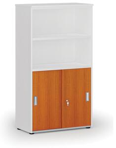 Kombinovaná kancelářská skříň PRIMO WHITE, zasouvací dveře na 2 patra, 1434 x 800 x 420 mm, bílá/třešeň