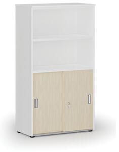 Kombinovaná kancelářská skříň PRIMO WHITE, zasouvací dveře na 2 patra, 1434 x 800 x 420 mm, bílá/ořech