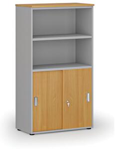 Kombinovaná kancelářská skříň PRIMO GRAY, zasouvací dveře na 2 patra, 1434 x 800 x 420 mm, šedá/buk