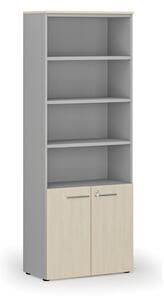 Kombinovaná kancelářská skříň PRIMO GRAY, dveře na 2 patra, 2128 x 800 x 420 mm, šedá/ořech