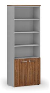 Kombinovaná kancelářská skříň PRIMO GRAY, dveře na 2 patra, 2128 x 800 x 420 mm, šedá/ořech