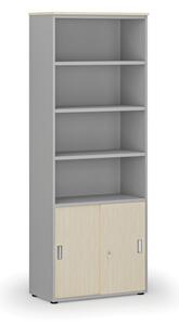 Kombinovaná kancelářská skříň PRIMO GRAY, zasouvací dveře na 2 patra, 2128 x 800 x 420 mm, šedá/bříza